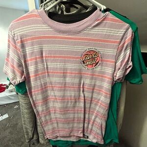 Santa Cruz Skateboards Kids Pink and White Striped Tee